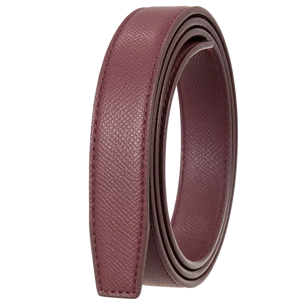 A coiled burgundy leather women leather belt with a textured surface and precise stitching along the edges