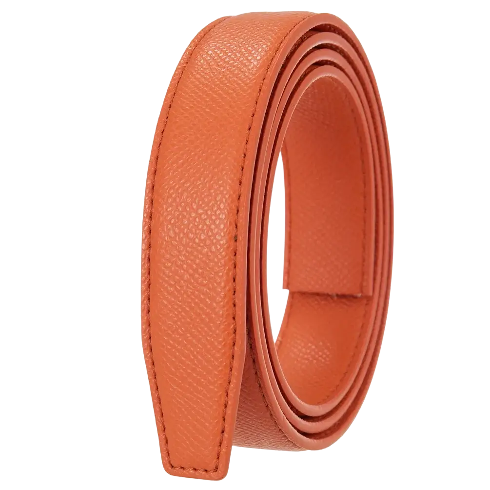 A coiled orange leather women leather belt automatic buckle thin waistband with textured surface and stitching