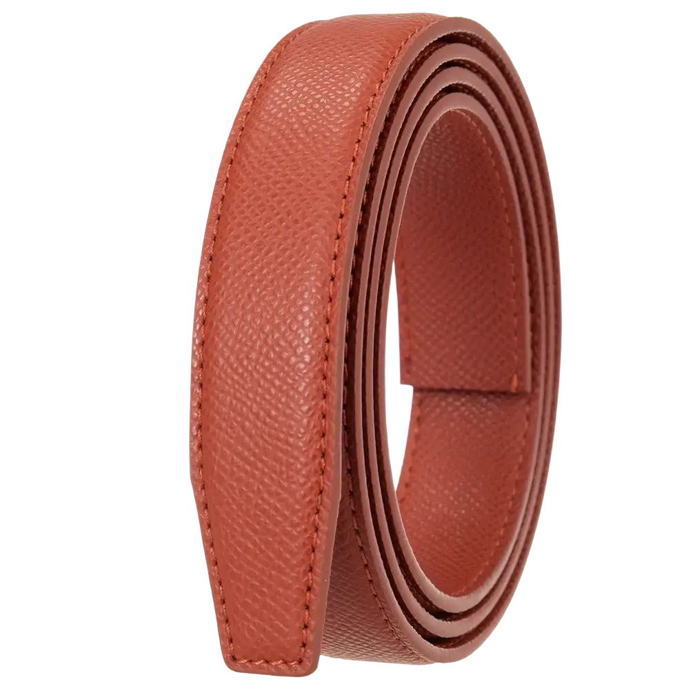 A coiled rust-colored women leather belt automatic buckle thin waistband with textured surface and precise stitching