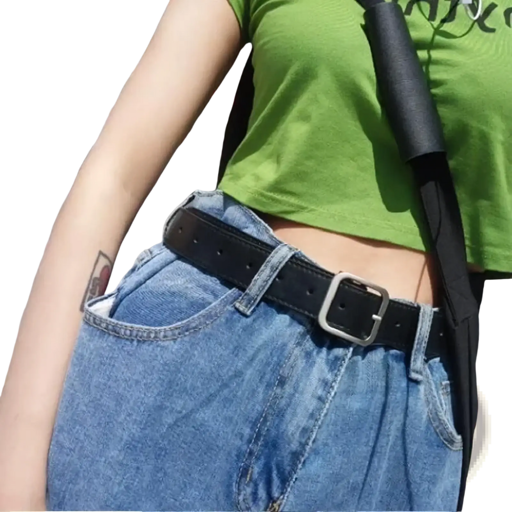 Black leather women belt with a silver-toned rectangular buckle for casual fashion waist strap use