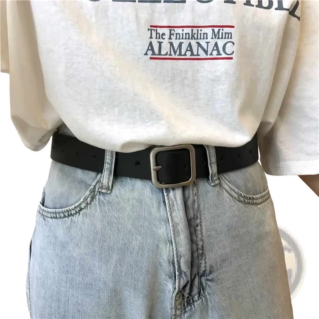 Black leather women belt with silver toned square buckle designed for casual fashion waist strap use