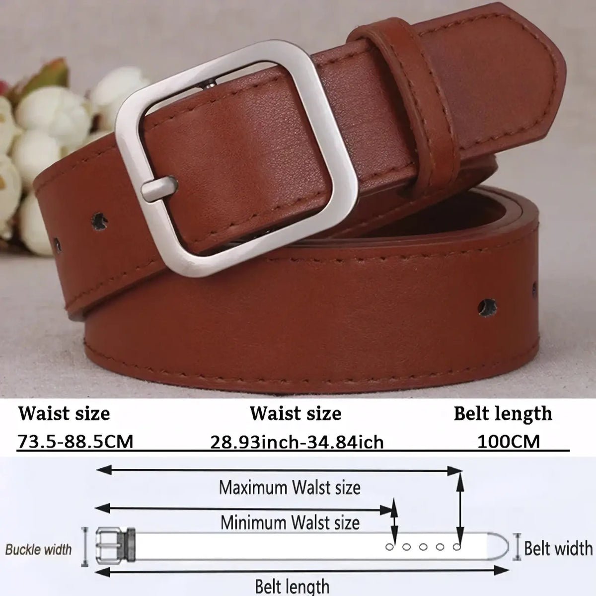 Brown leather women casual belt with a silver-toned rectangular buckle for fashion waist strap use