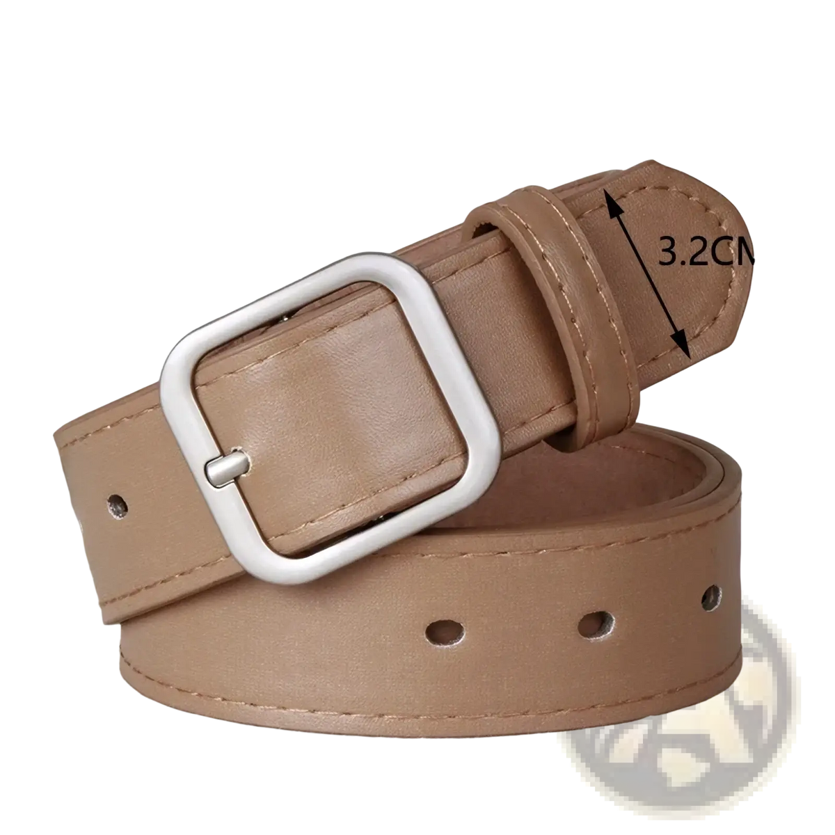 Tan women leather belt with a white metal buckle for casual fashion waist strap use
