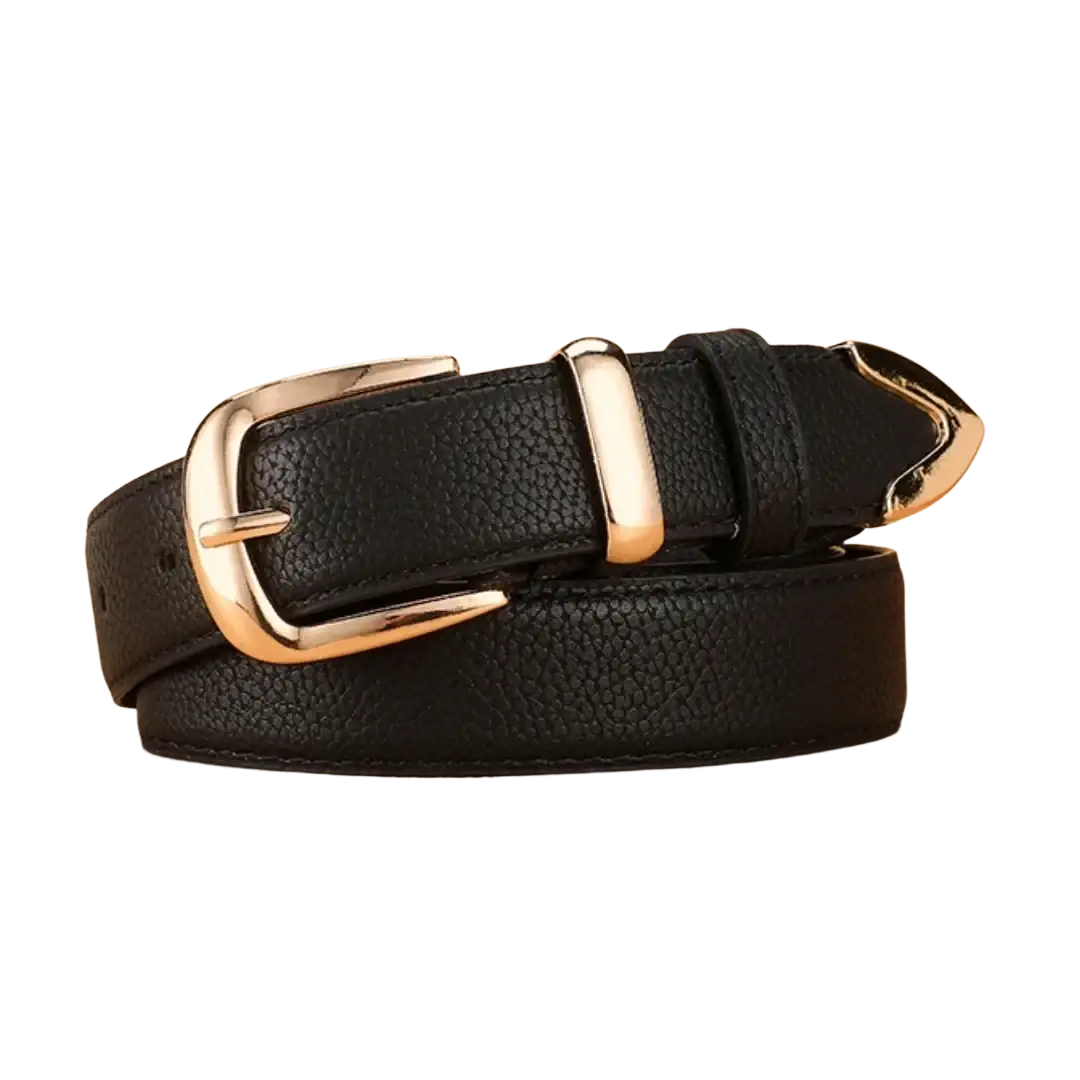 Black textured leather belt with gold-toned buckle and matching prong casual pu jeans accessory for women