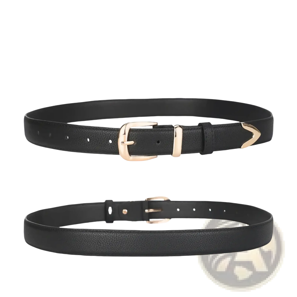 Black leather women belt with gold-tone buckle and matching metal tip casual pu jeans accessory