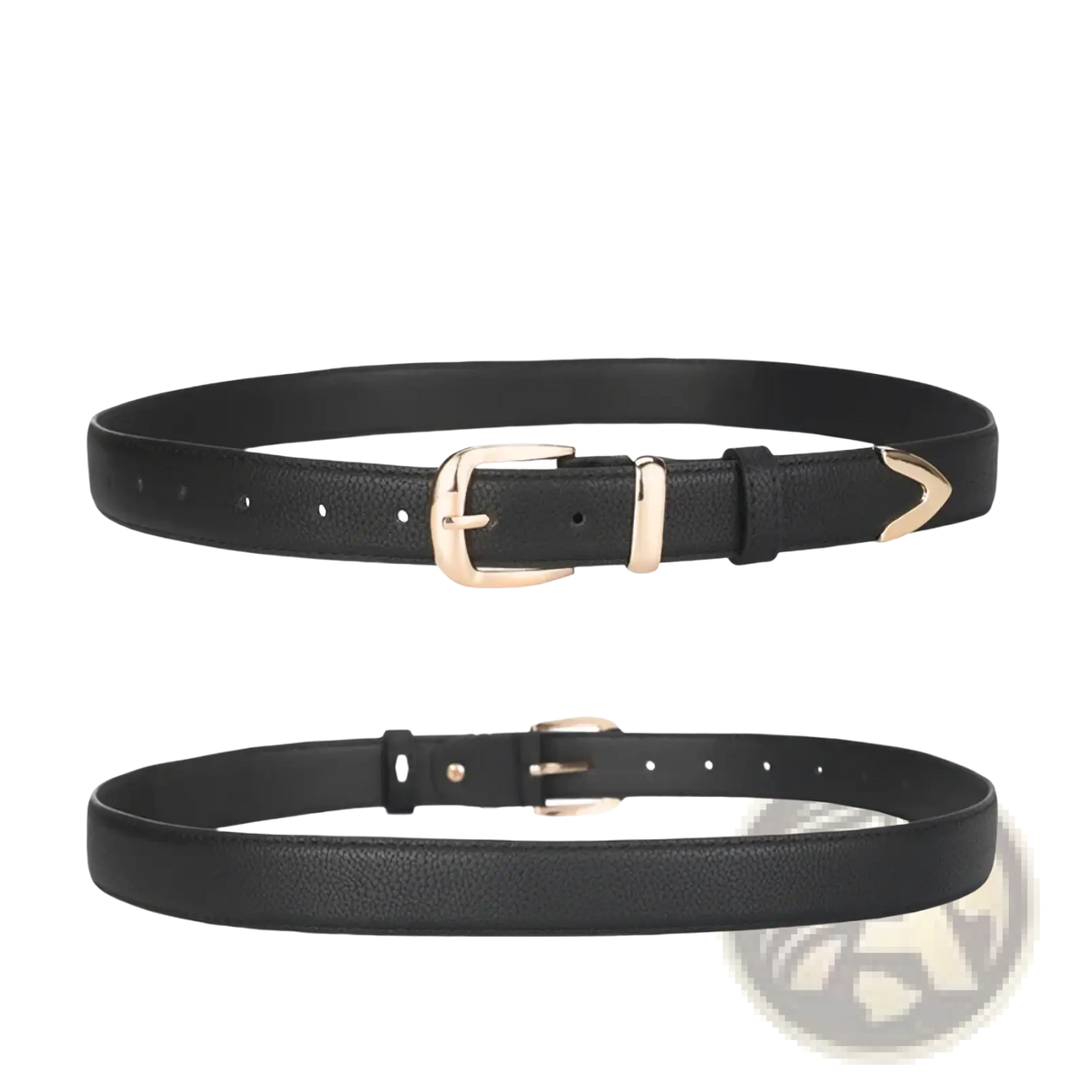 Black leather women belt with gold-tone buckle and matching metal tip casual pu jeans accessory