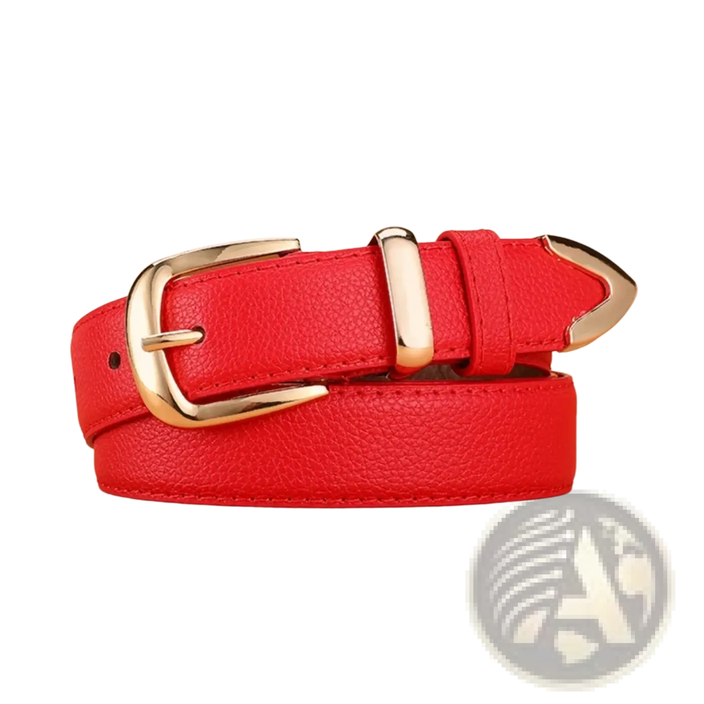 A vibrant red women leather belt with gold buckle and matching metal tip perfect for casual pu jeans accessory