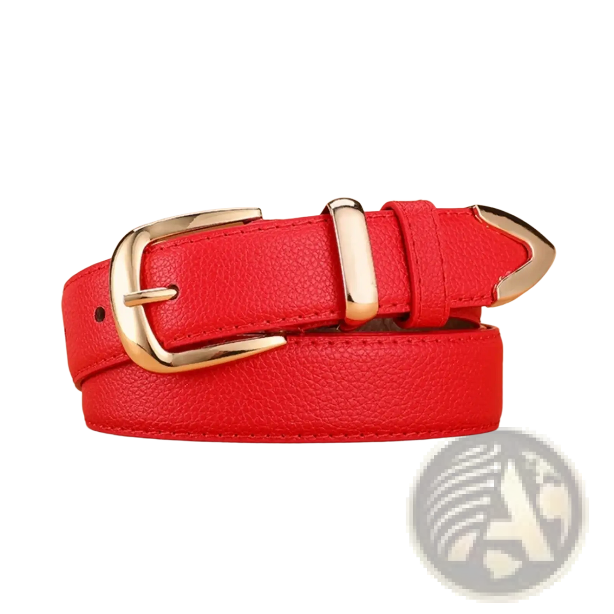A vibrant red women leather belt with gold buckle and matching metal tip perfect for casual pu jeans accessory