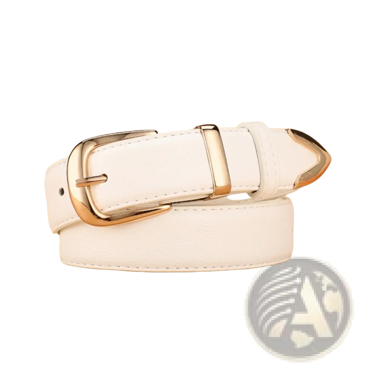 White leather belt for women with gold-toned buckle and tip ideal for casual pu jeans accessory use