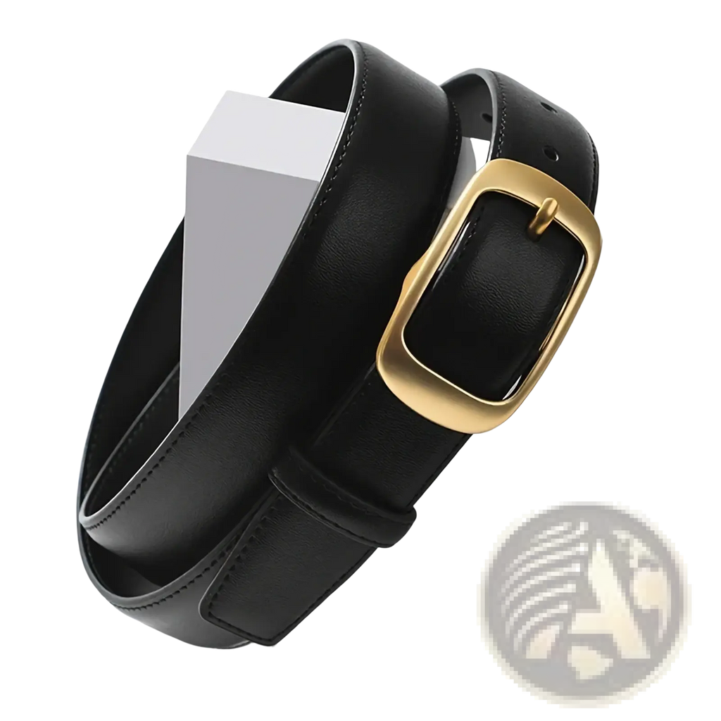 Black leather women belt with a gold buckle designed as a jeans strap accessory
