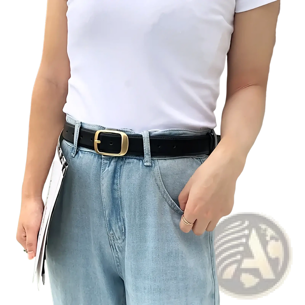 Black leather women belt with gold-toned rectangular buckle designed as a jeans strap accessory