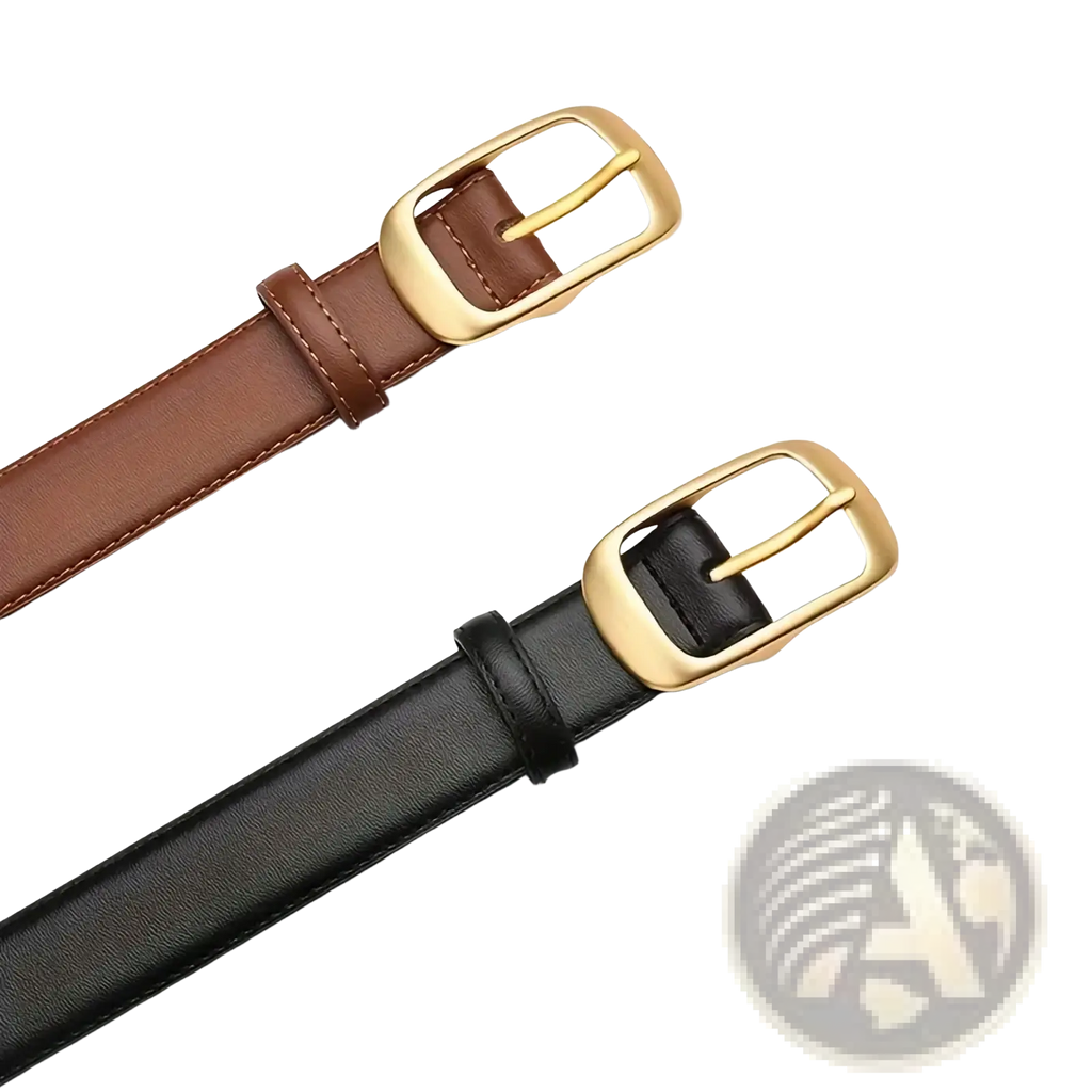 Brown and black leather women belt with gold-toned buckle designed as a jeans strap accessory