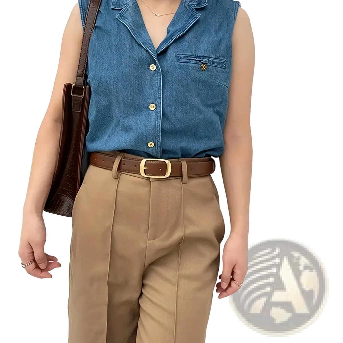 Brown leather women belt with gold-toned rectangular buckle suitable as jeans strap accessory