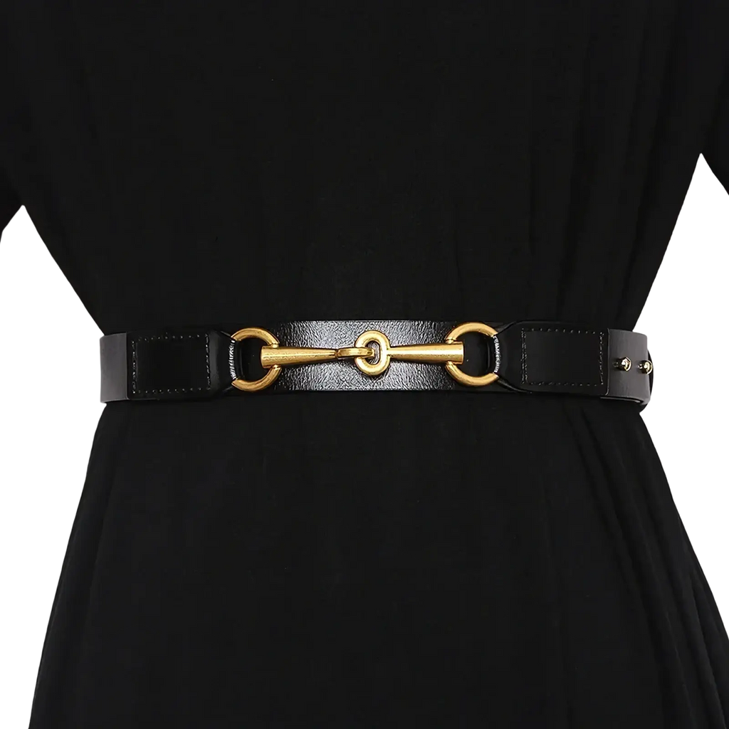 Black leather women belt with gold horsebit buckle showcasing elegant design and premium material quality