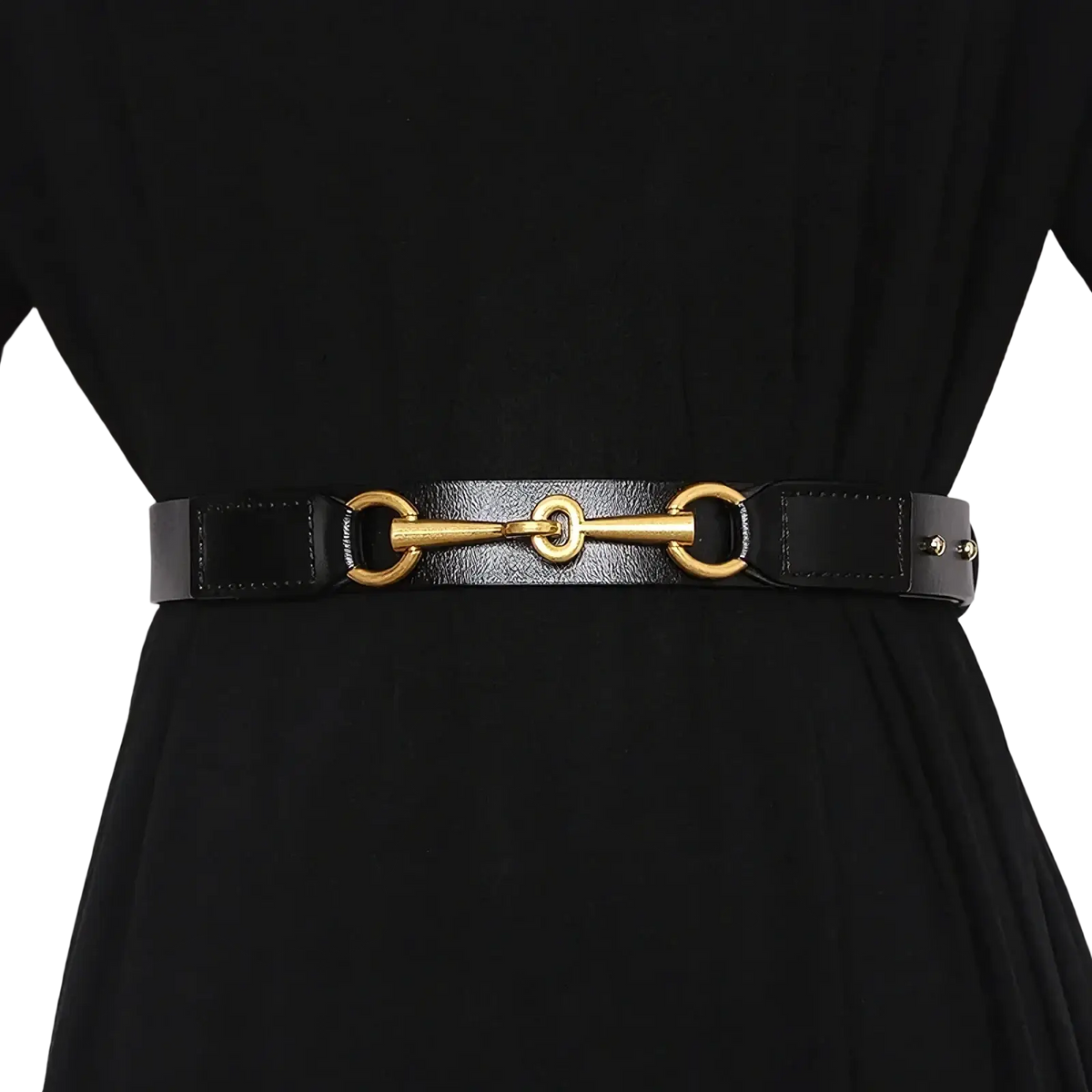 Black leather women belt with gold horsebit buckle showcasing elegant design and premium material quality