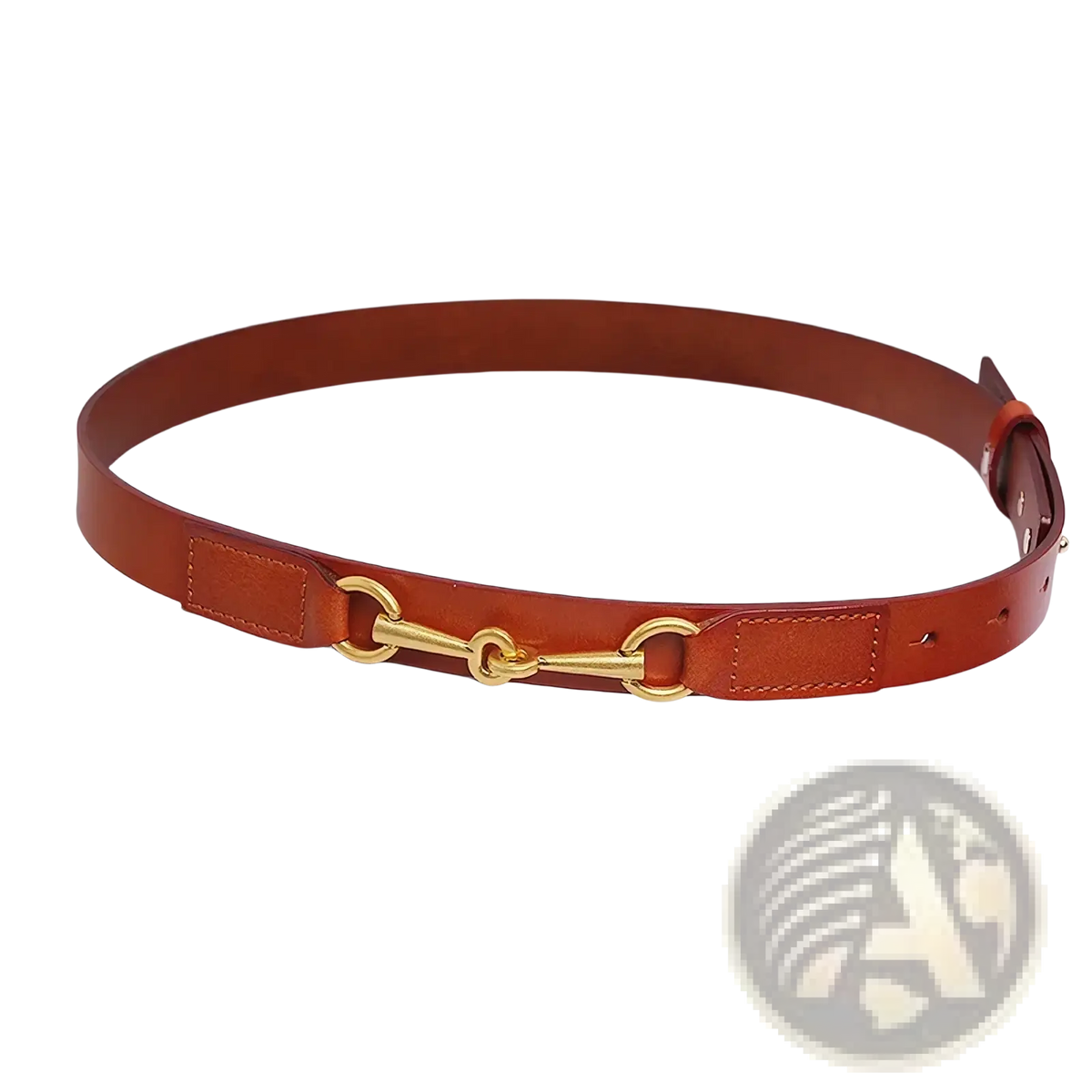 Brown leather belt for women with gold-toned horsebit buckle featuring high-quality leather material