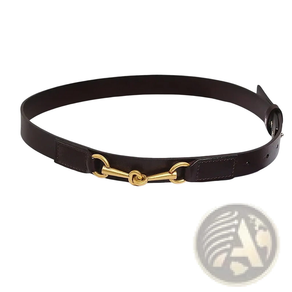 Dark brown women leather belt with gold horsebit buckle made from premium leather for stylish accessorizing