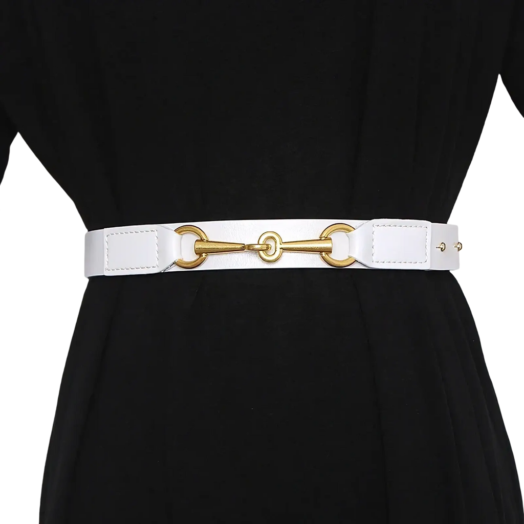 White leather women belt with gold horsebit buckle showcasing elegant design and premium material quality
