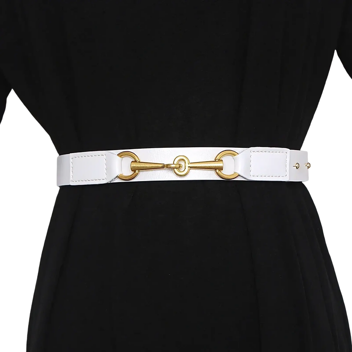 White leather women belt with gold horsebit buckle showcasing elegant design and premium material quality