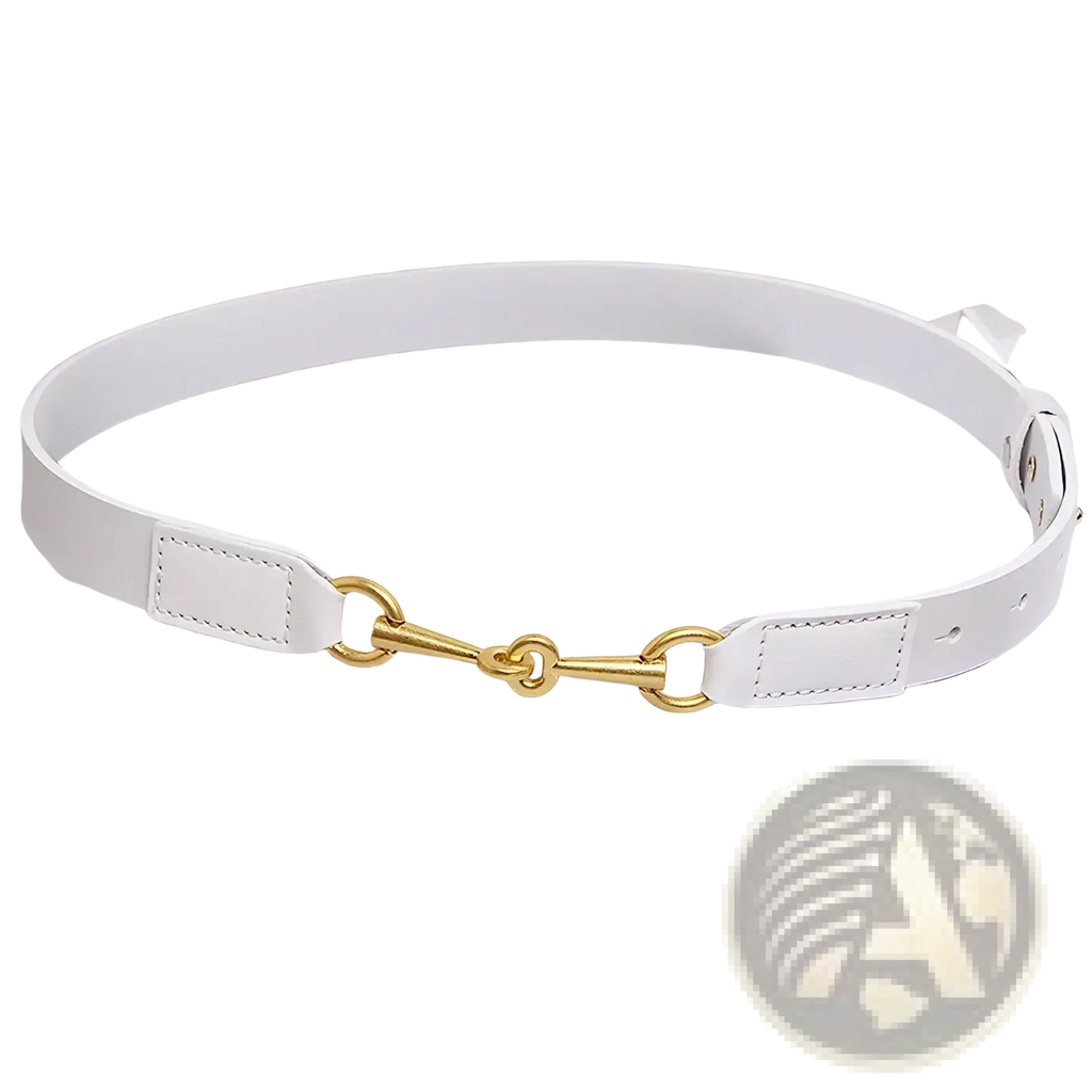 White leather women belt featuring a gold horsebit buckle for a stylish and elegant accessory