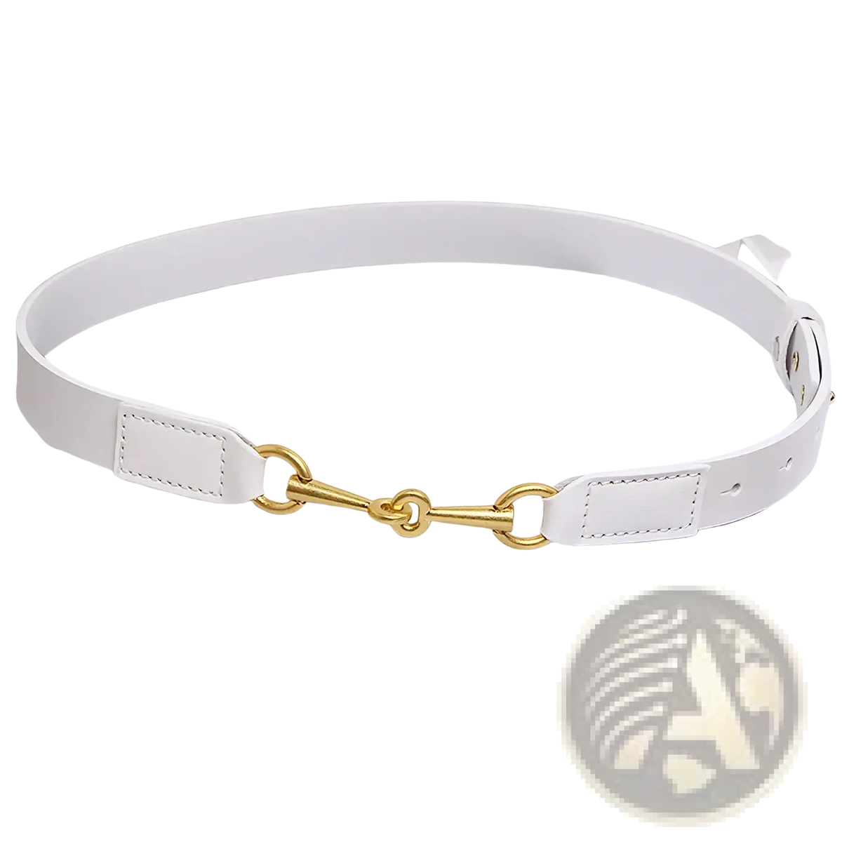 White leather women belt featuring a gold horsebit buckle for a stylish and elegant accessory
