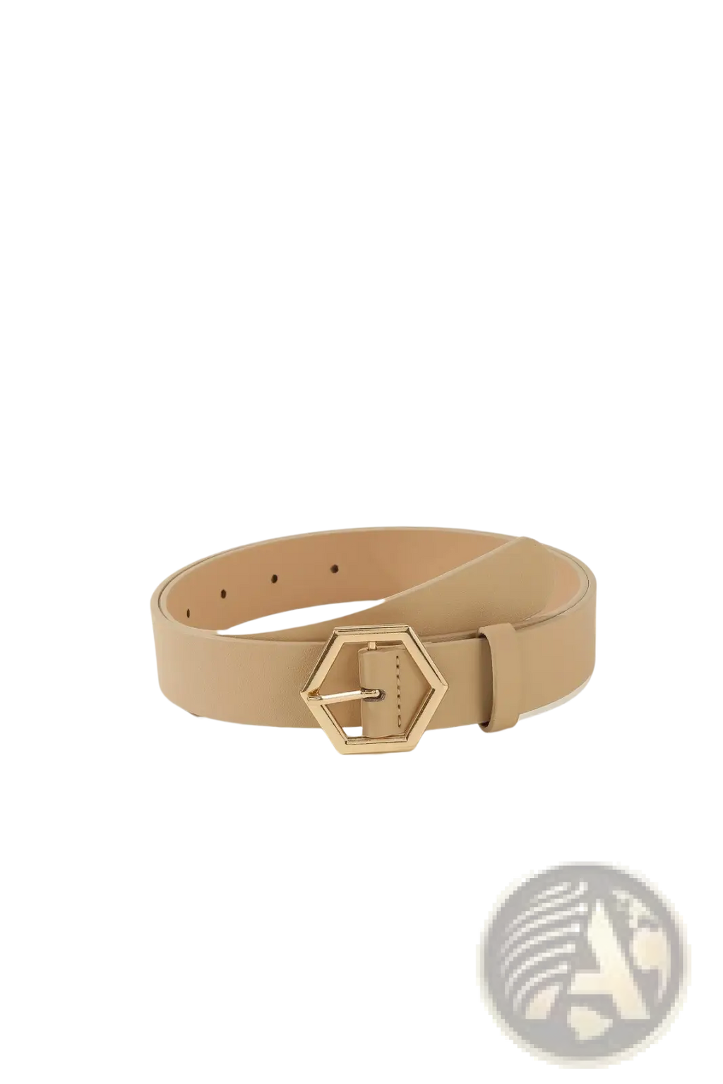 Beige leather women belt set featuring a gold-toned hexagonal buckle for stylish and elegant wear