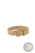 Beige leather women belt set featuring a gold-toned hexagonal buckle for stylish and elegant wear