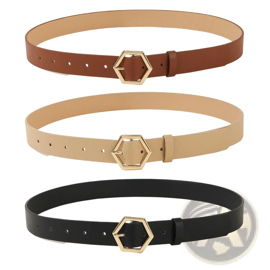 Women leather belt set featuring three minimalist belts in brown beige and black leather with gold hexagonal buckles