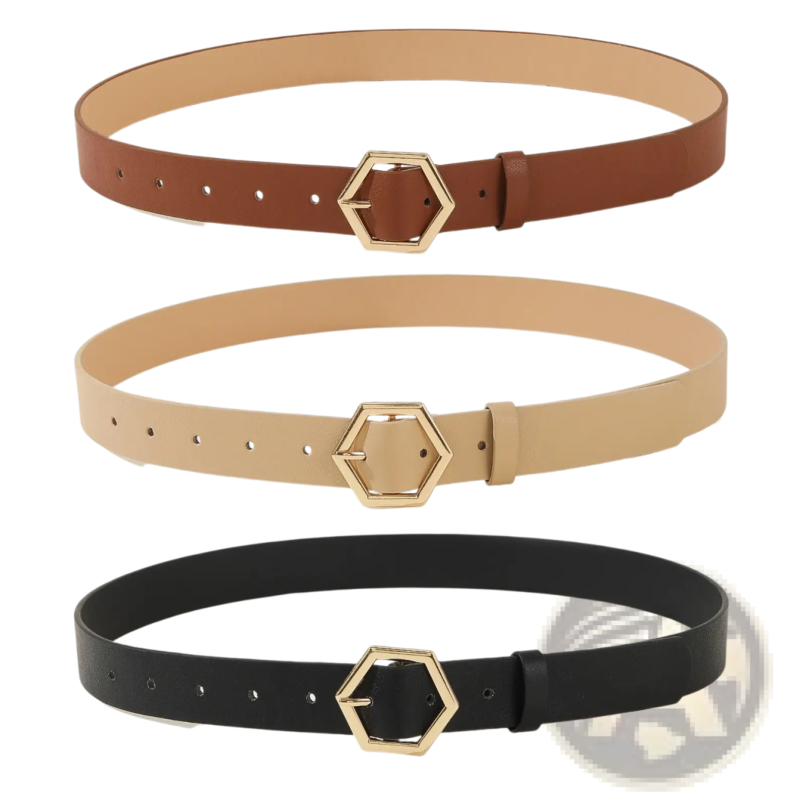 Women leather belt set featuring three minimalist belts in brown beige and black leather with gold hexagonal buckles