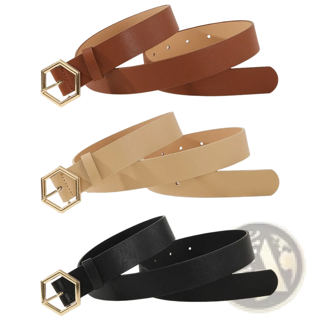Women leather belt set with slim brown beige and black belts featuring gold hexagonal buckles