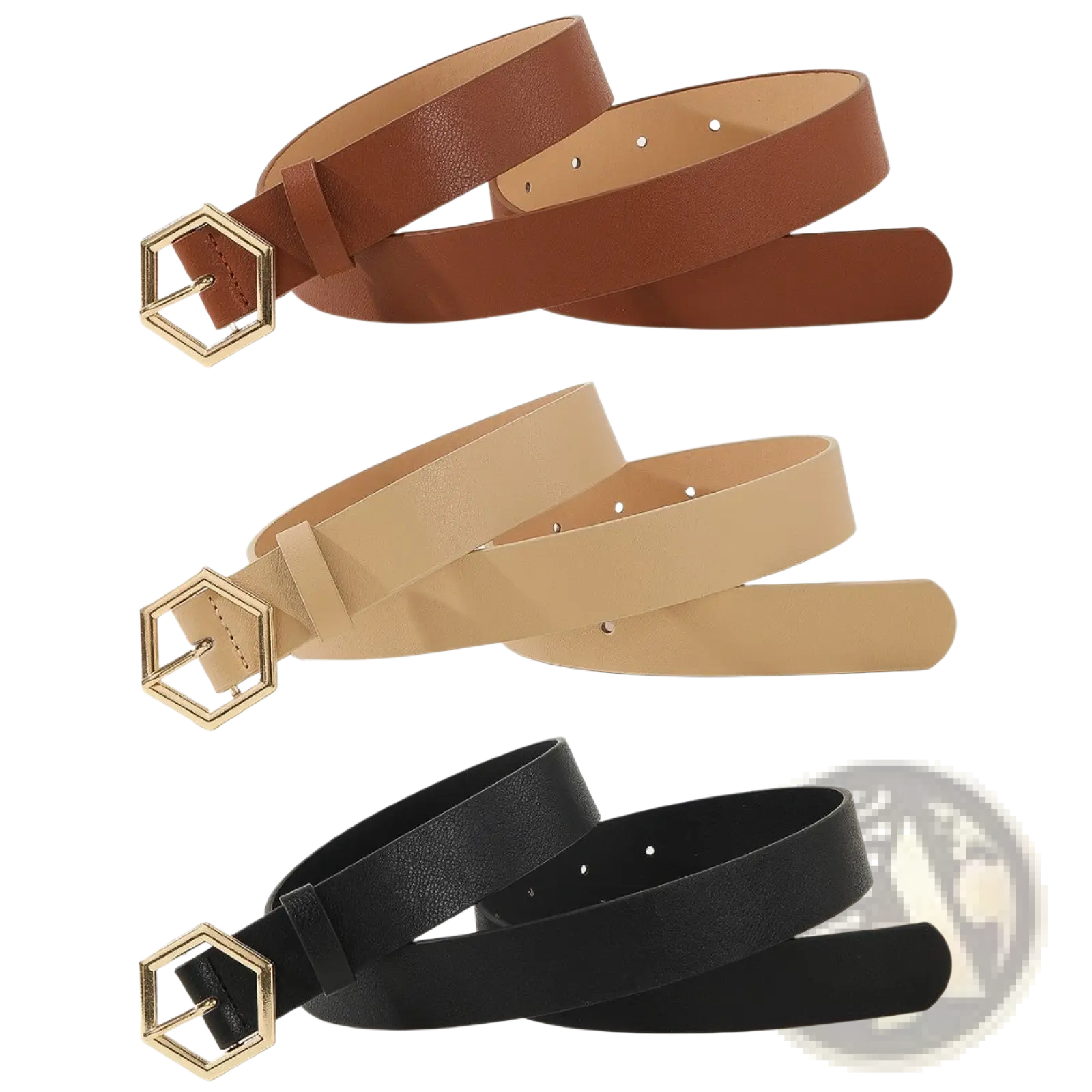 Women leather belt set with slim brown beige and black belts featuring gold hexagonal buckles