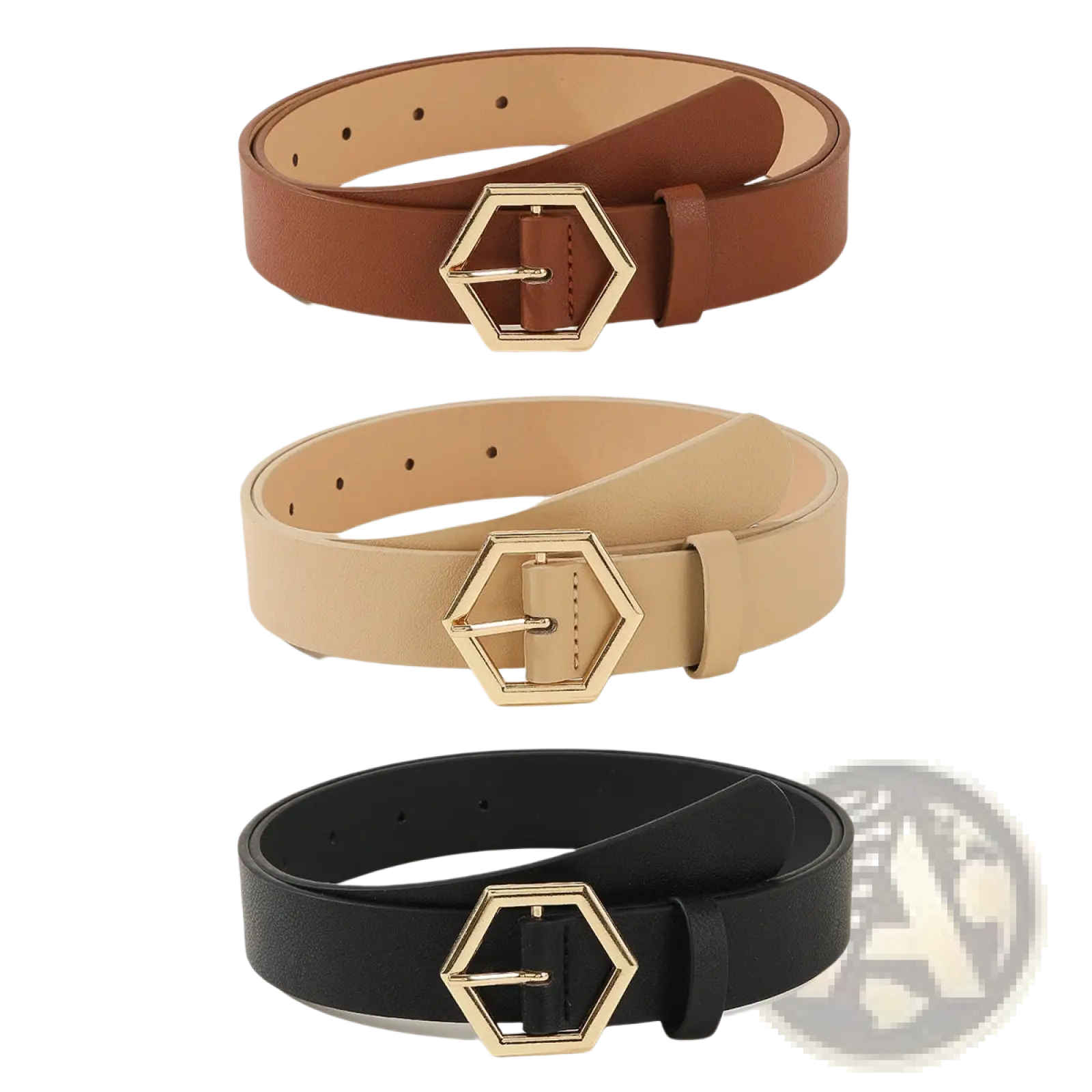 Set of three women leather belts in brown beige and black with gold hexagonal buckle for stylish accessorizing