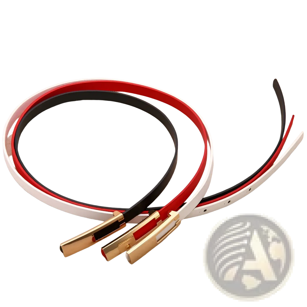Women leather belt set of slim belts in red black and white with gold tone buckle clips for minimalist style