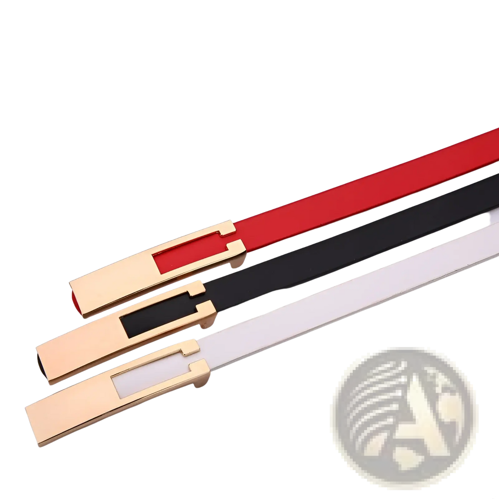 Women leather belt set featuring slim red black and white belts with gold-tone rectangular buckles