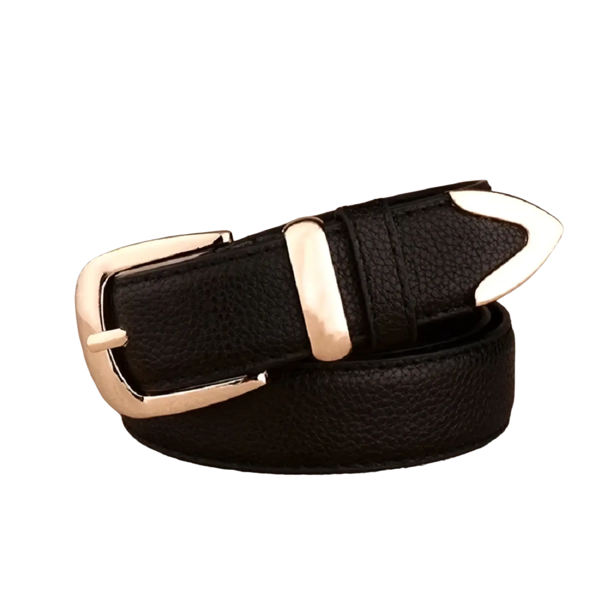Black textured leather women leather belt with vintage gold-toned pin buckle and matching metal tip