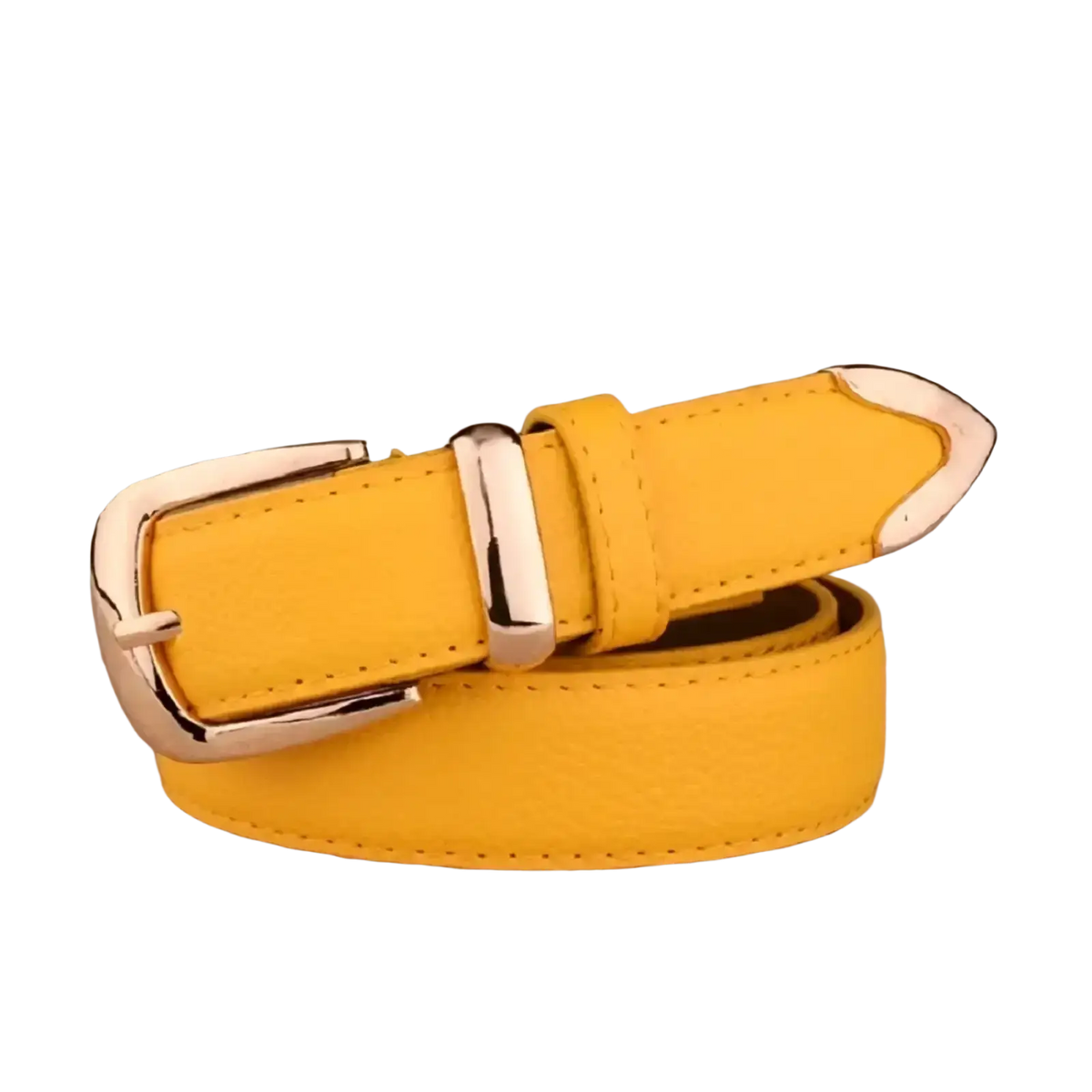 Bright yellow leather belt with vintage pin buckle and polished silver-toned matching tip for women