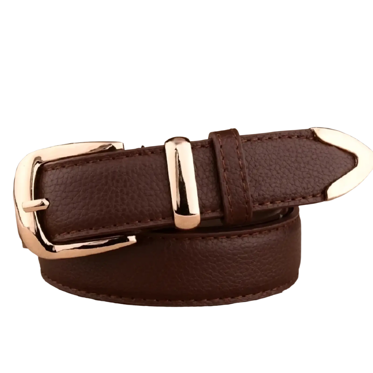 Women leather belt vintage pin buckle strap in brown textured leather with gold-toned metal buckle and matching prong