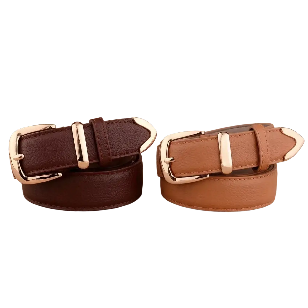A pair of women leather belts vintage pin buckle strap in brown with gold-tone buckles one dark and one tan