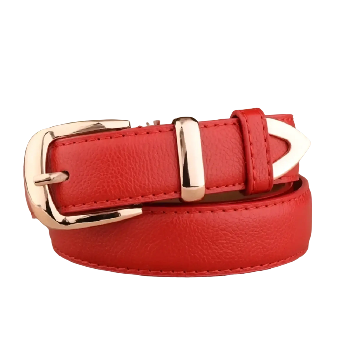 Red leather women leather belt with vintage silver-toned pin buckle and matching prong strap
