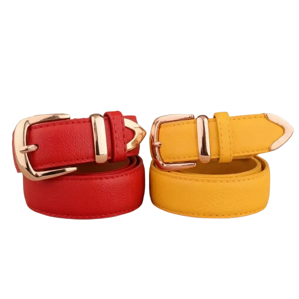 Women leather belt vintage pin buckle strap in red and yellow with gold-tone buckles showcasing premium leather material
