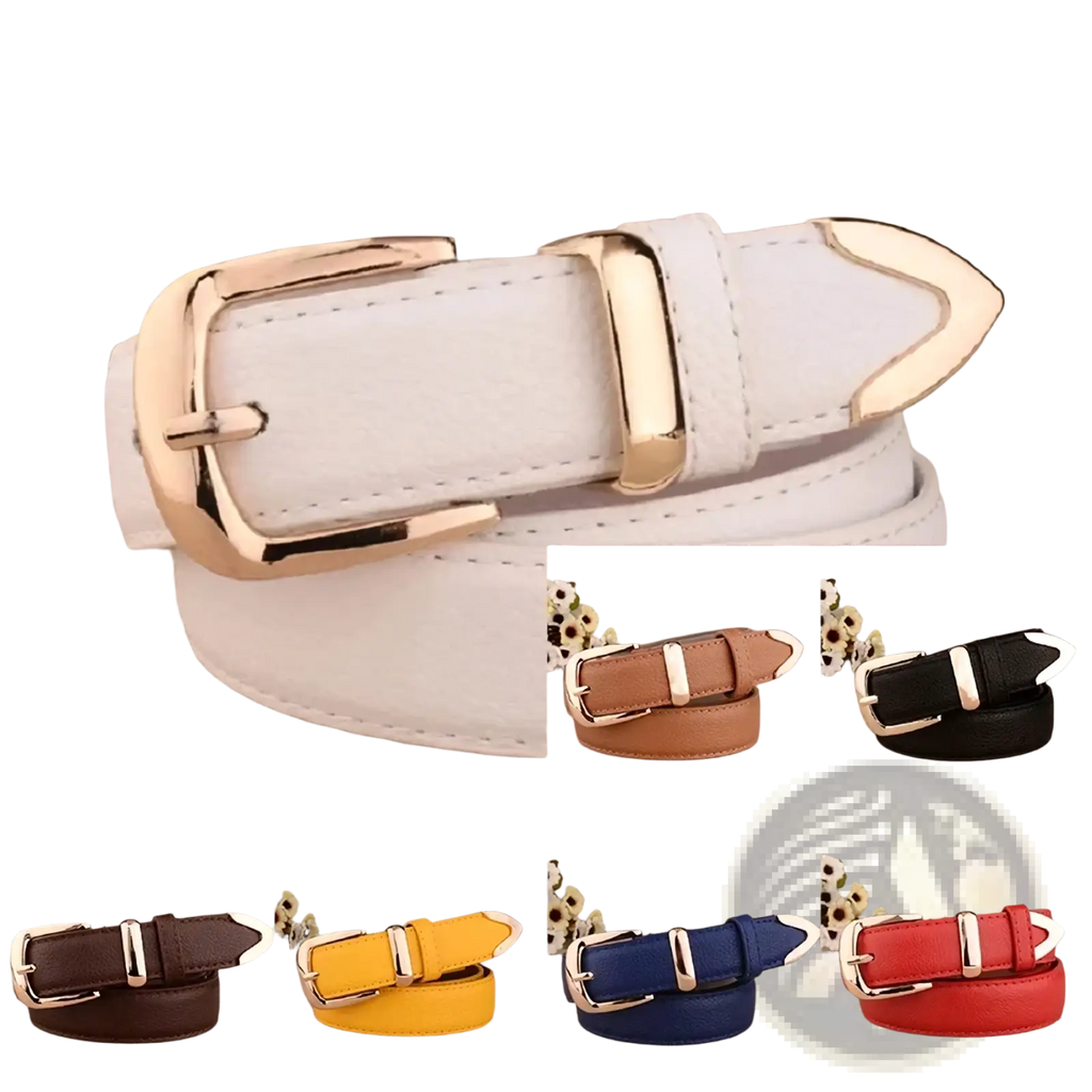 White leather women leather belt with vintage pin buckle strap featuring rose gold-toned buckle and matching tip