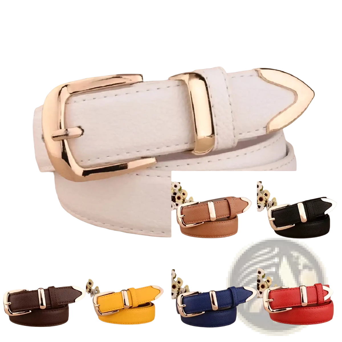 White leather women leather belt with vintage pin buckle strap featuring rose gold-toned buckle and matching tip