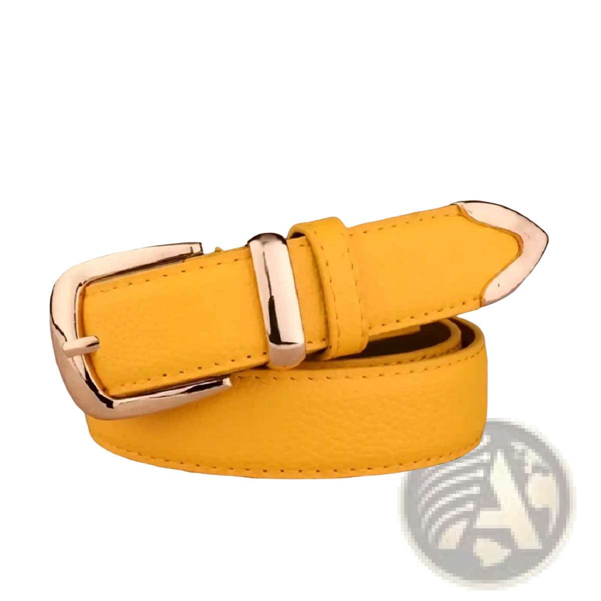 Women leather belt vintage pin buckle strap in bright yellow leather with polished silver-toned buckle and tip