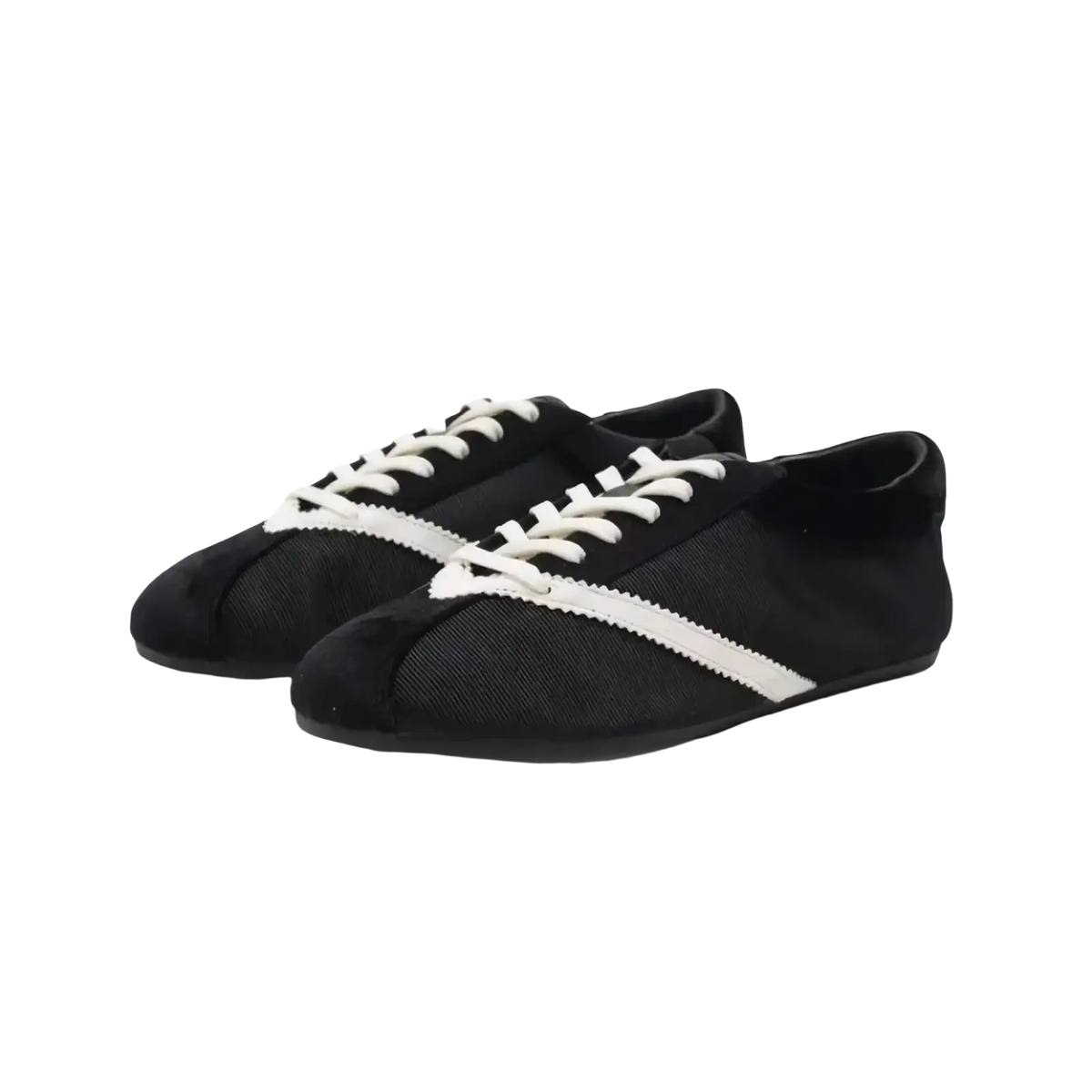 Women leather casual sneakers in black suede with white laces and a white zigzag stripe across the toe