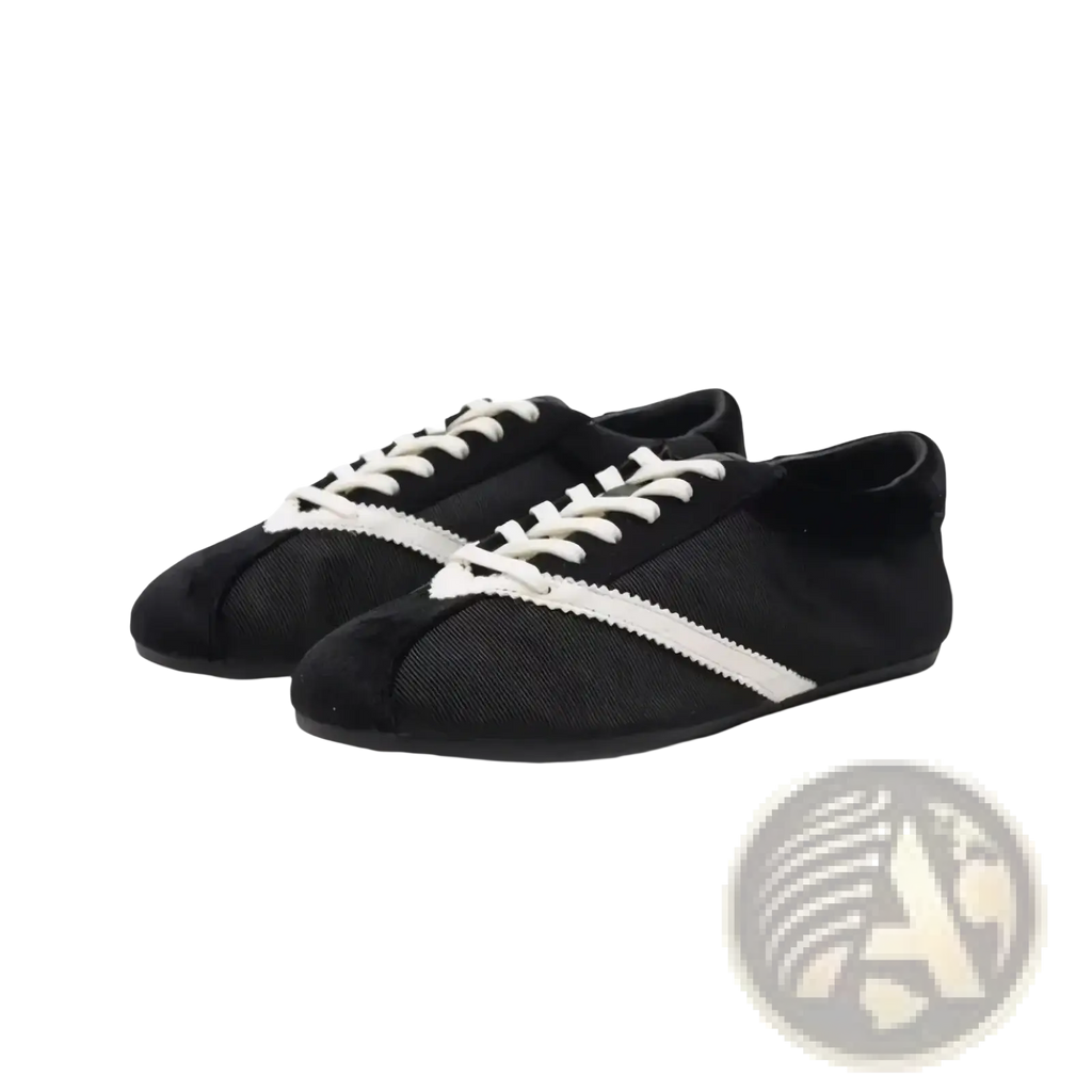 Women leather casual sneakers in black suede with white laces and a distinctive zigzag stripe across the toe