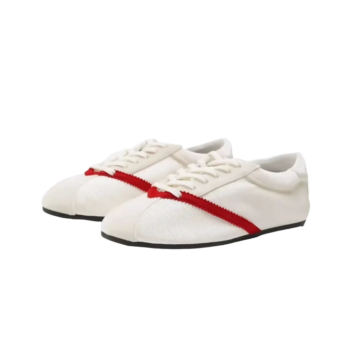 Women leather casual sneakers in white canvas with bold red stripe and black rubber soles for everyday wear