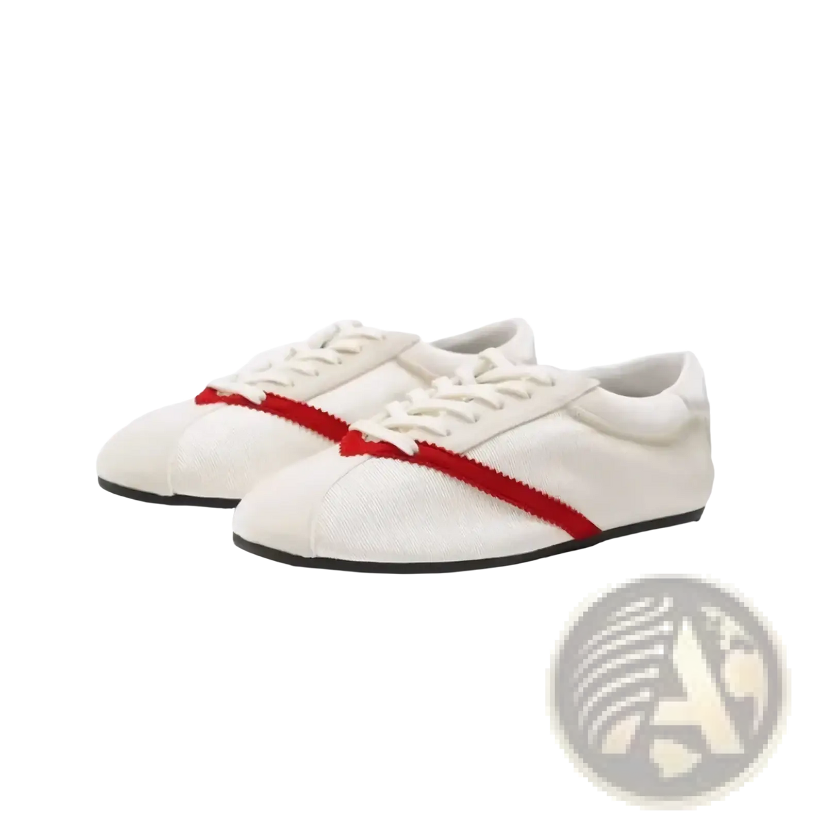 Women leather casual sneakers in white canvas with bold red stripe and black rubber soles