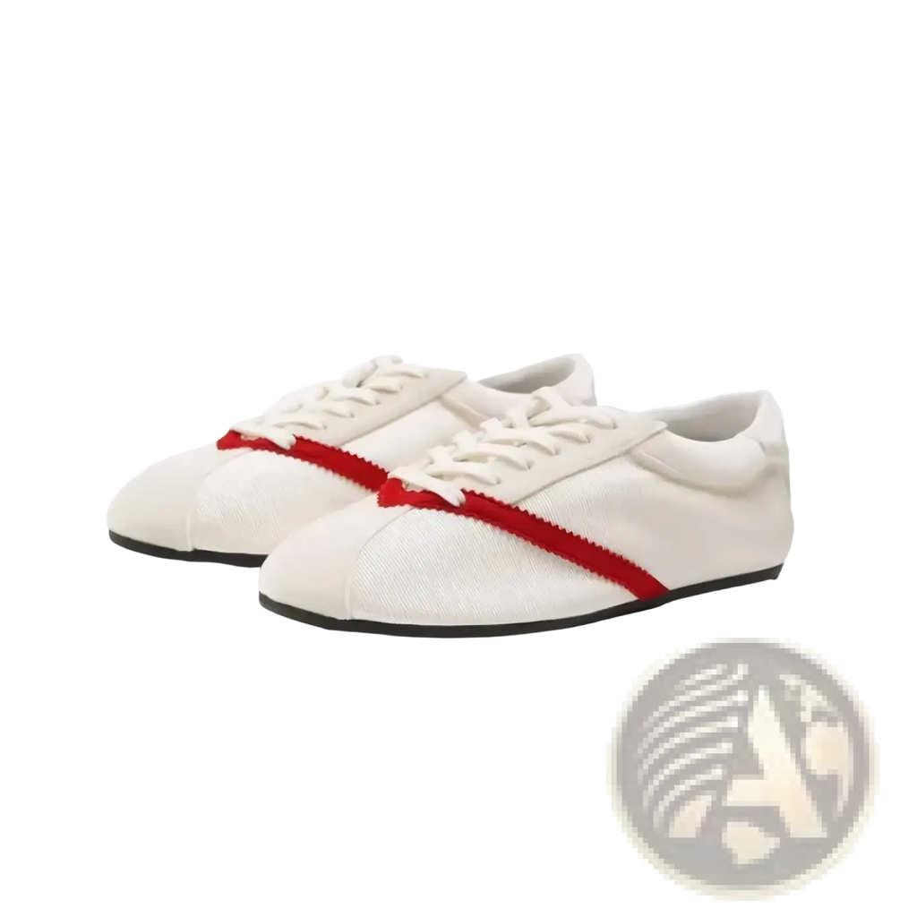 Women leather casual sneakers in white canvas with a bold red side stripe, black rubber soles, and white laces