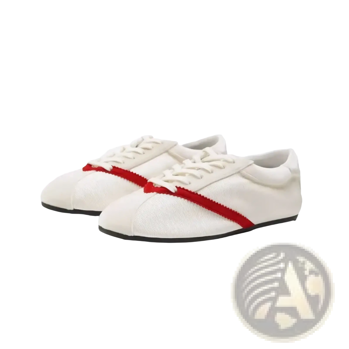 Women leather casual sneakers in white canvas with a bold red side stripe, black rubber soles, and white laces