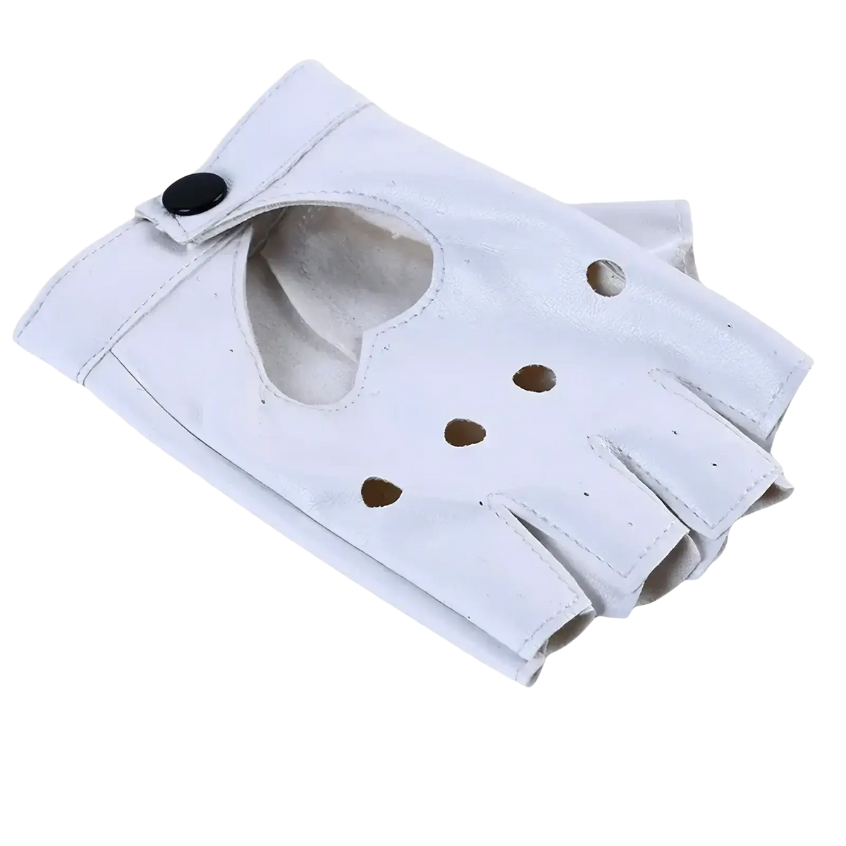 White leather fingerless heart gloves with black button closure and perforated palm in red black white colors